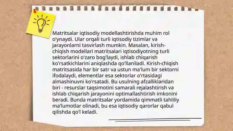 Texnologik matritsa ishlab chiqarishni optimal rivojlantirish masalalari iqtisodiy masalalarni modellashtirishda matritsalarning oʻrni 4