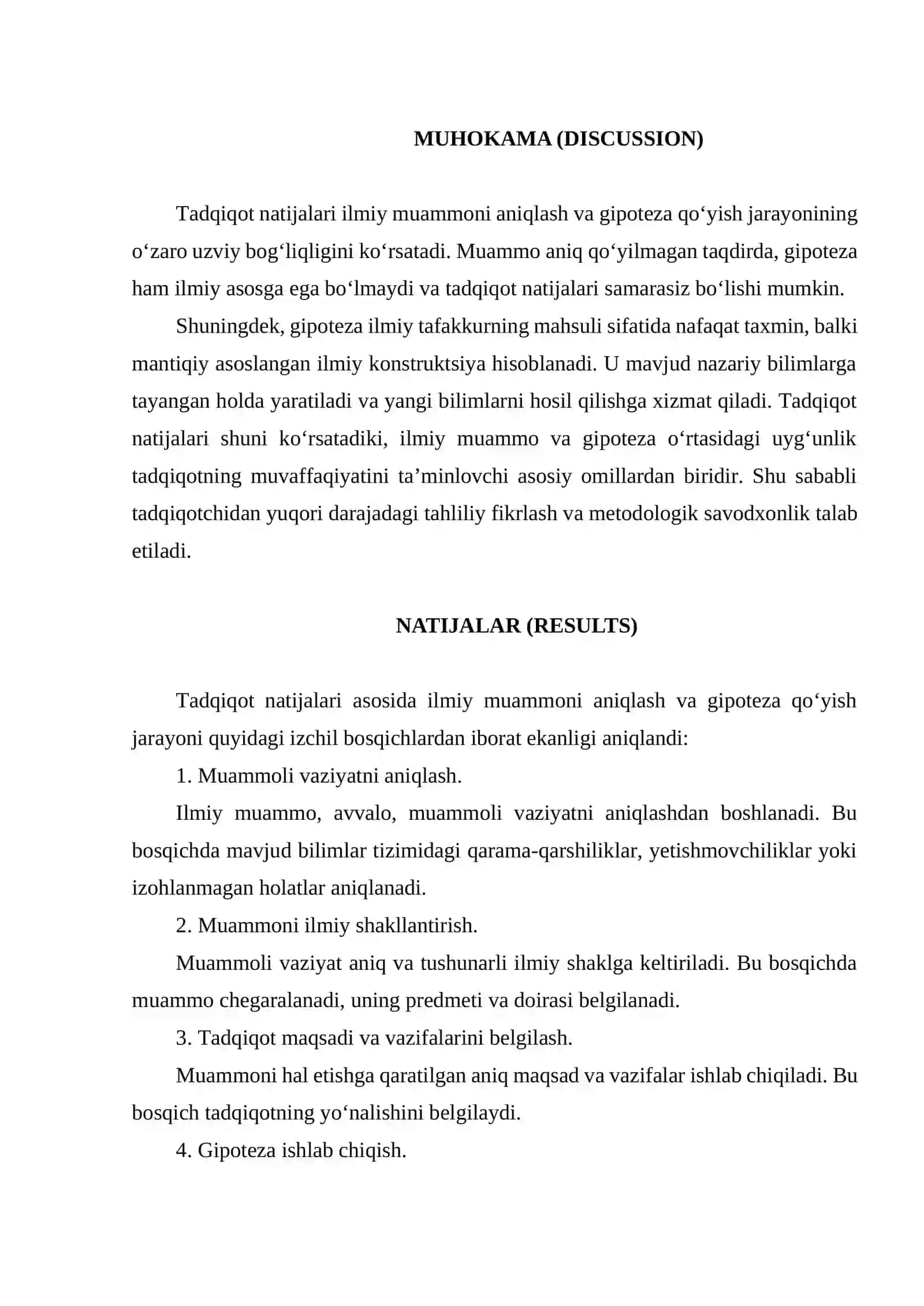 ILMIY MUAMMONI ANIQLASH VA GIPOTEZA QO‘YISH JARAYONINING BOSQICHLARI. IMRAD MAQOLA 4