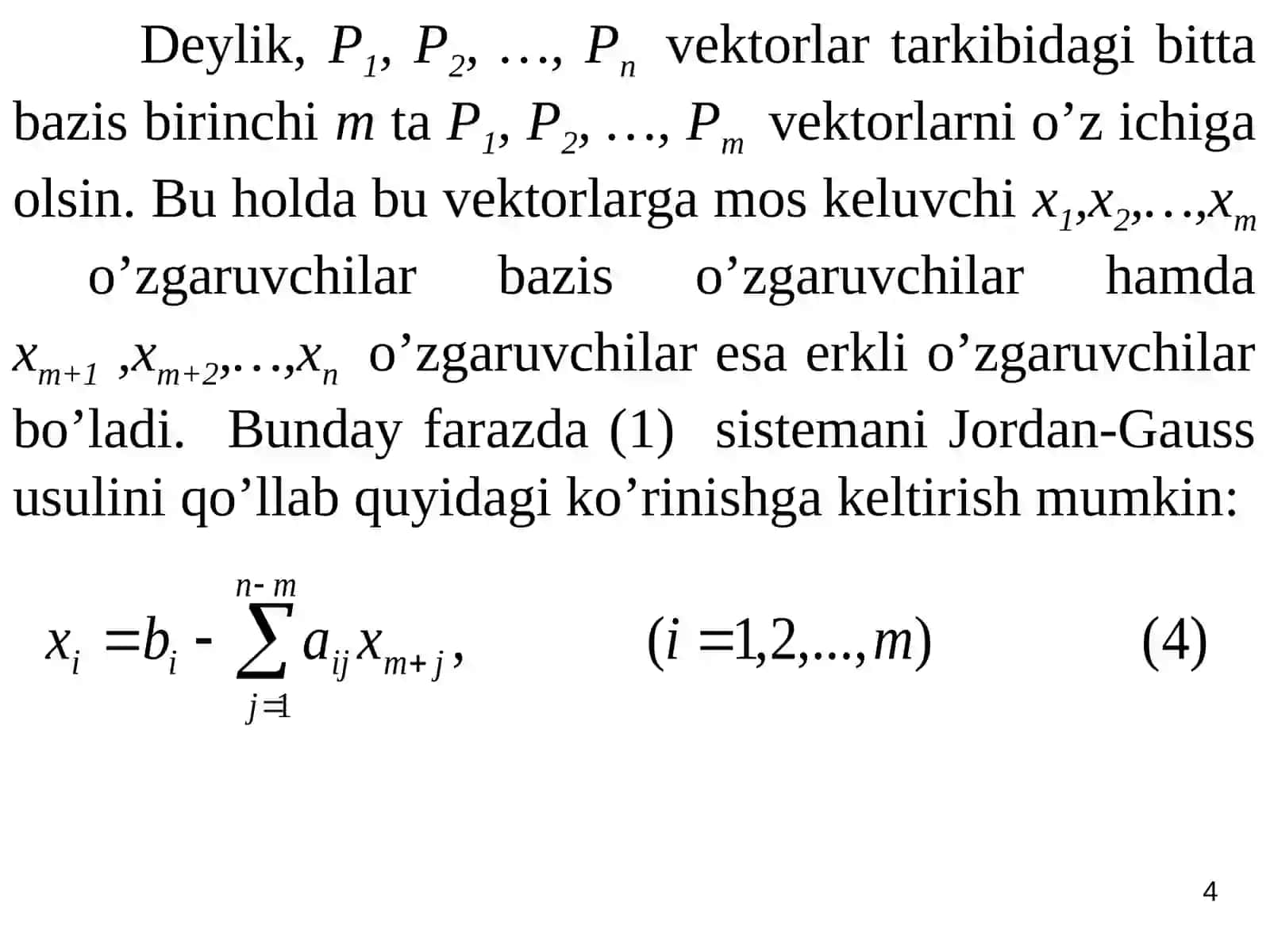 Chiziqli dasturlash masalasining bazis yechimi va uni topish usullari 4
