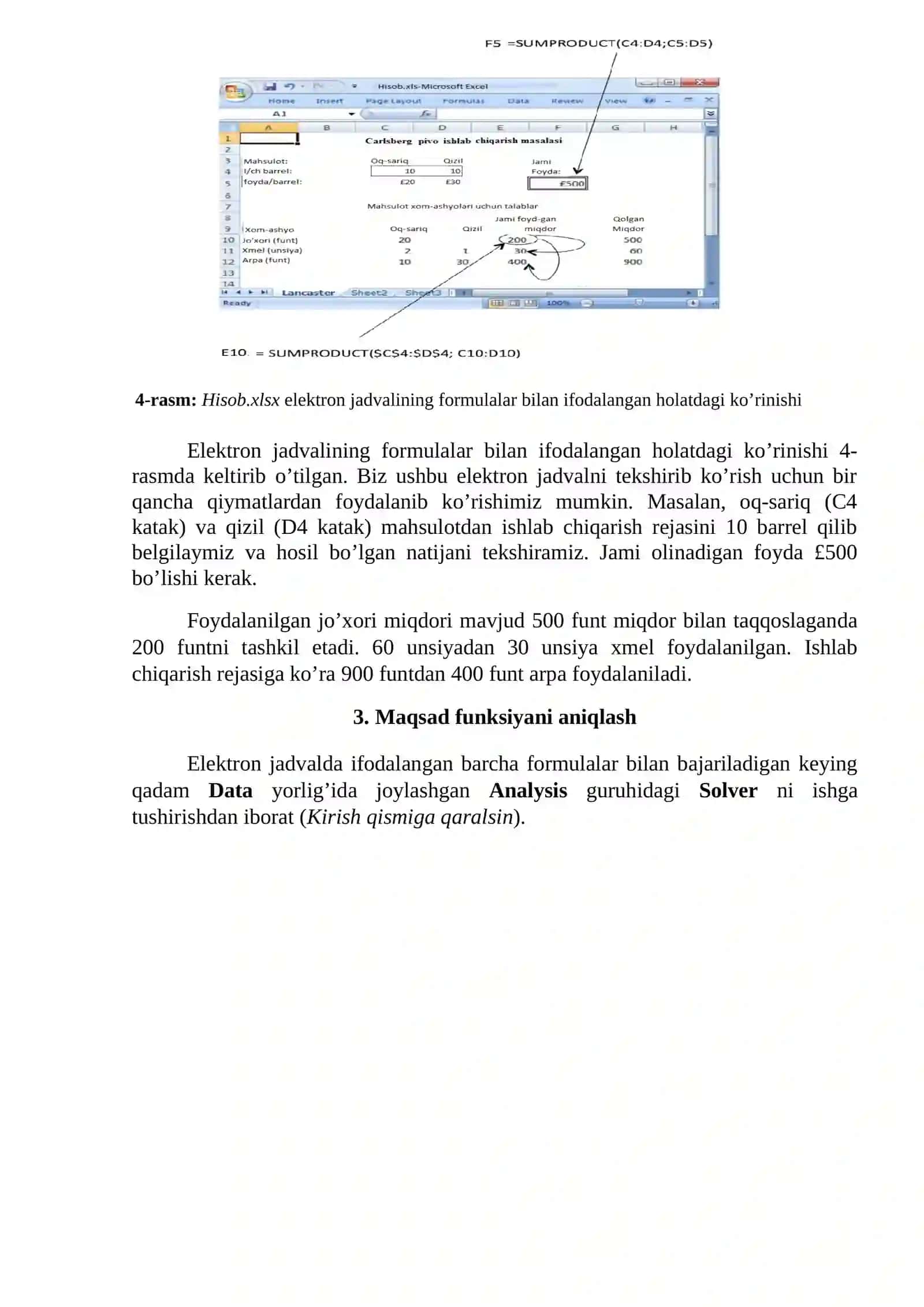 MS Excel dasturi imkoniyatlaridan foydalanib oziq-ovqat injineringida muammoli (solver) vaziyatni yechish 4