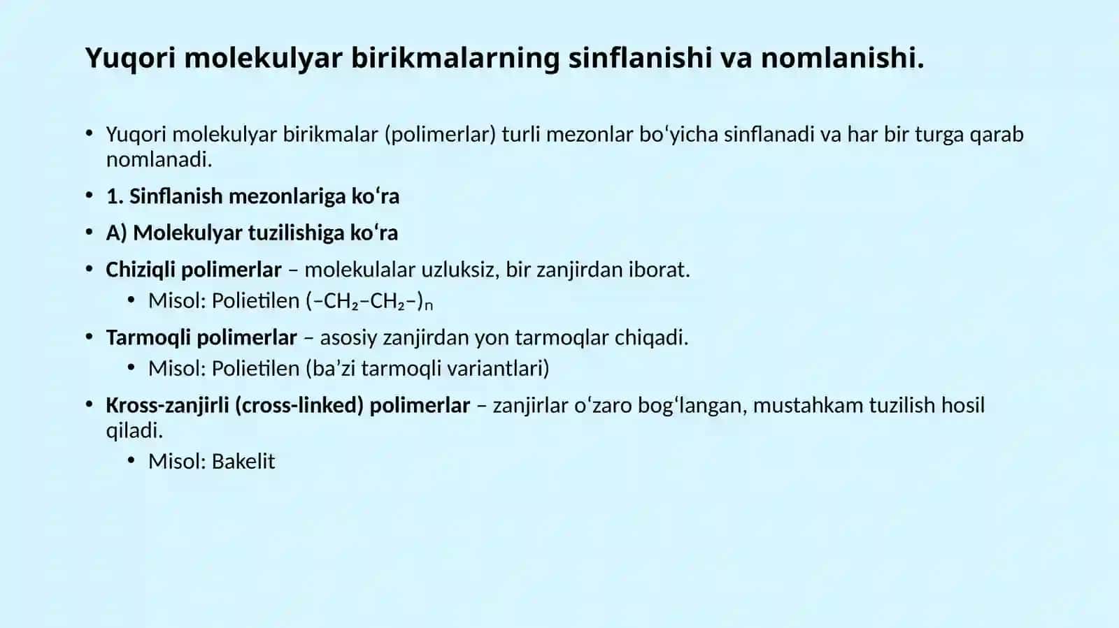 Tojiyev Elyorning Yuqori molekulyar birikmalar kimyosi taqdimoti 4