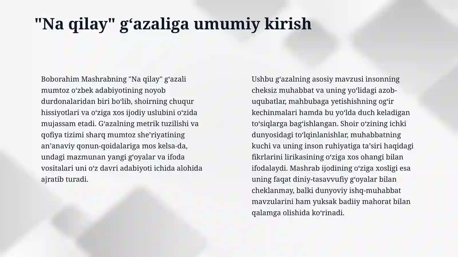 Boborahim Mashrabning "Na qilay" va "Oʻrtar" gʻazallari tahlili mavzusida yozilgan mikrodars ishi uchun 4