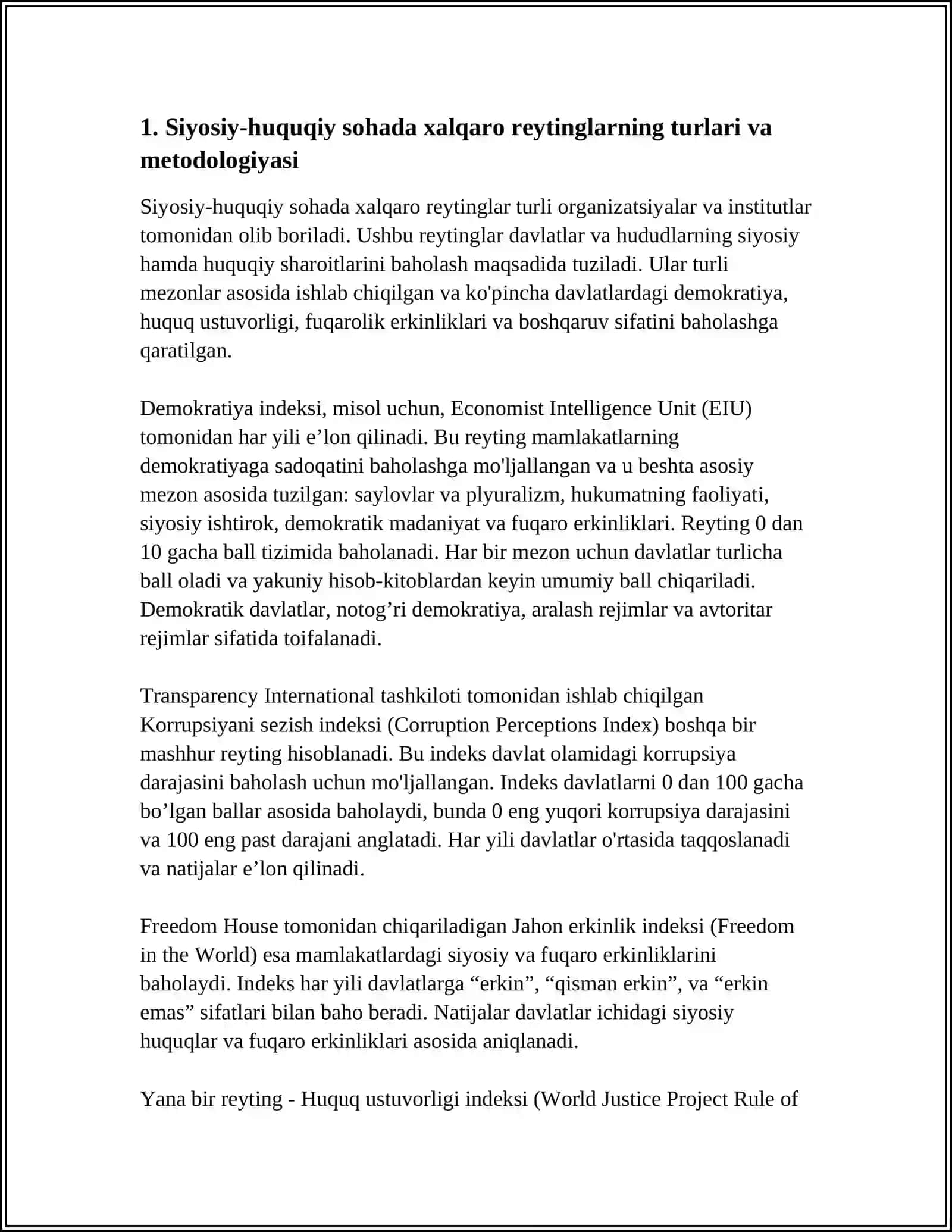 SIYOSIY HUQUQIY SOHADAGI USTUVOR XALQARO REYTINGLAR VA ULARGA OʻZBEKISTONNING INTEGRATSIYALASHUVI 4