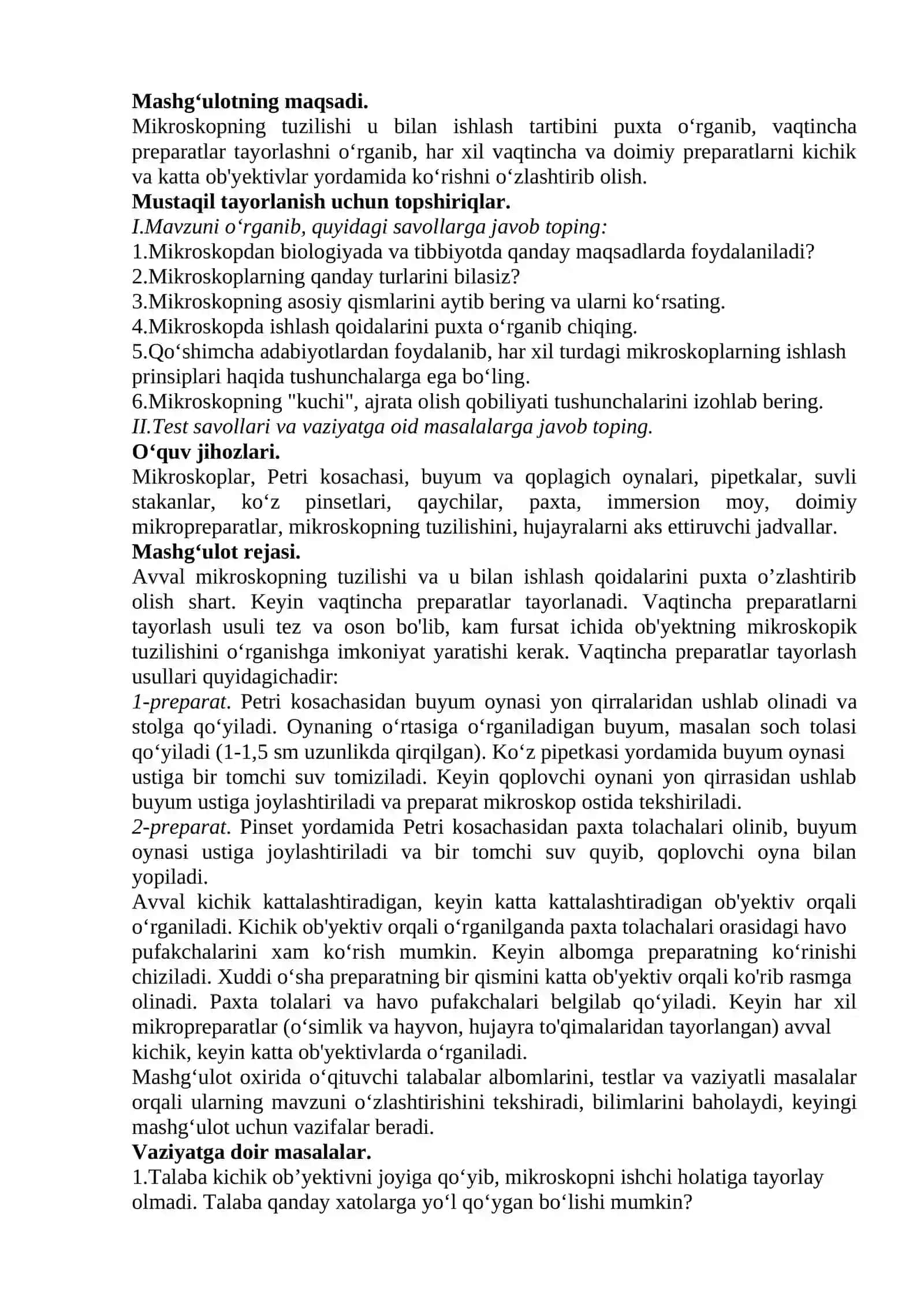 Mikroskop. Mikroskopik texnika. Vaqtinchalik preparatlar tayyorlash. Hujayrani o‘rganish usullari. Hujayrani tuzilishi va funksiyalari 4