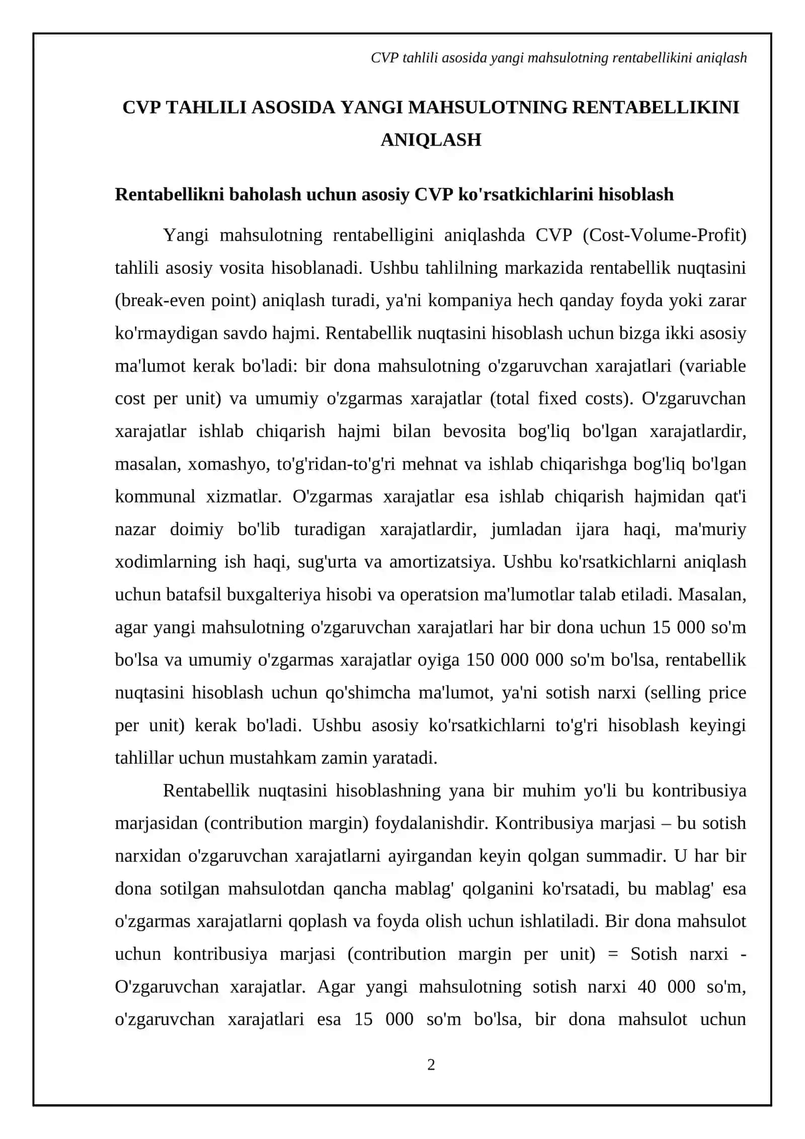 Yangi mahsulotning rentabelligini baholash uchun CVP tahlilini qollash 4