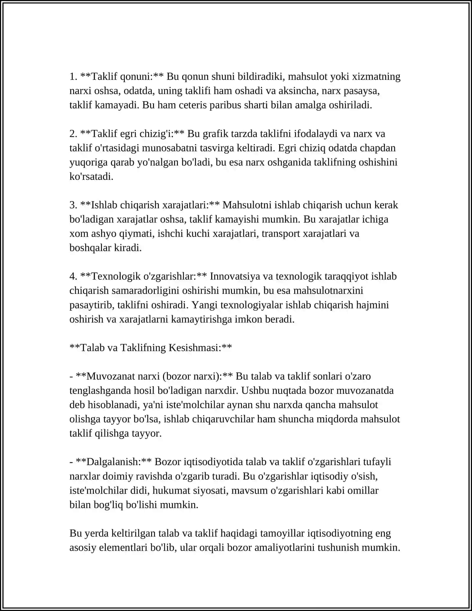 TALAB VA TAKLIF NAZARIYASI. BOZOR MUVOZANATI 4
