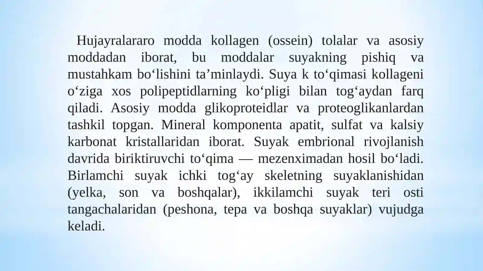 Suyak to’qimalarining minerallashuvi, uning tartibga solinishi va buzilishilari. Suyak to’qimalarining regeneratsiyasi va transplantatsiyasi. Suyakning o’sishga ta’sir etuvchi omillar 4
