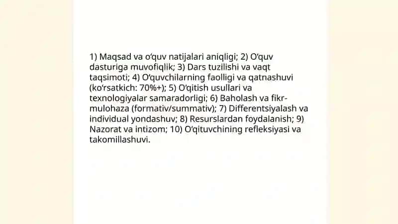 Pedagogik faoliyat turlari(dars tahlili, oʻzaro darslarga kirish va ochiq dars oʻtkazish)ni tahlil qilish 4