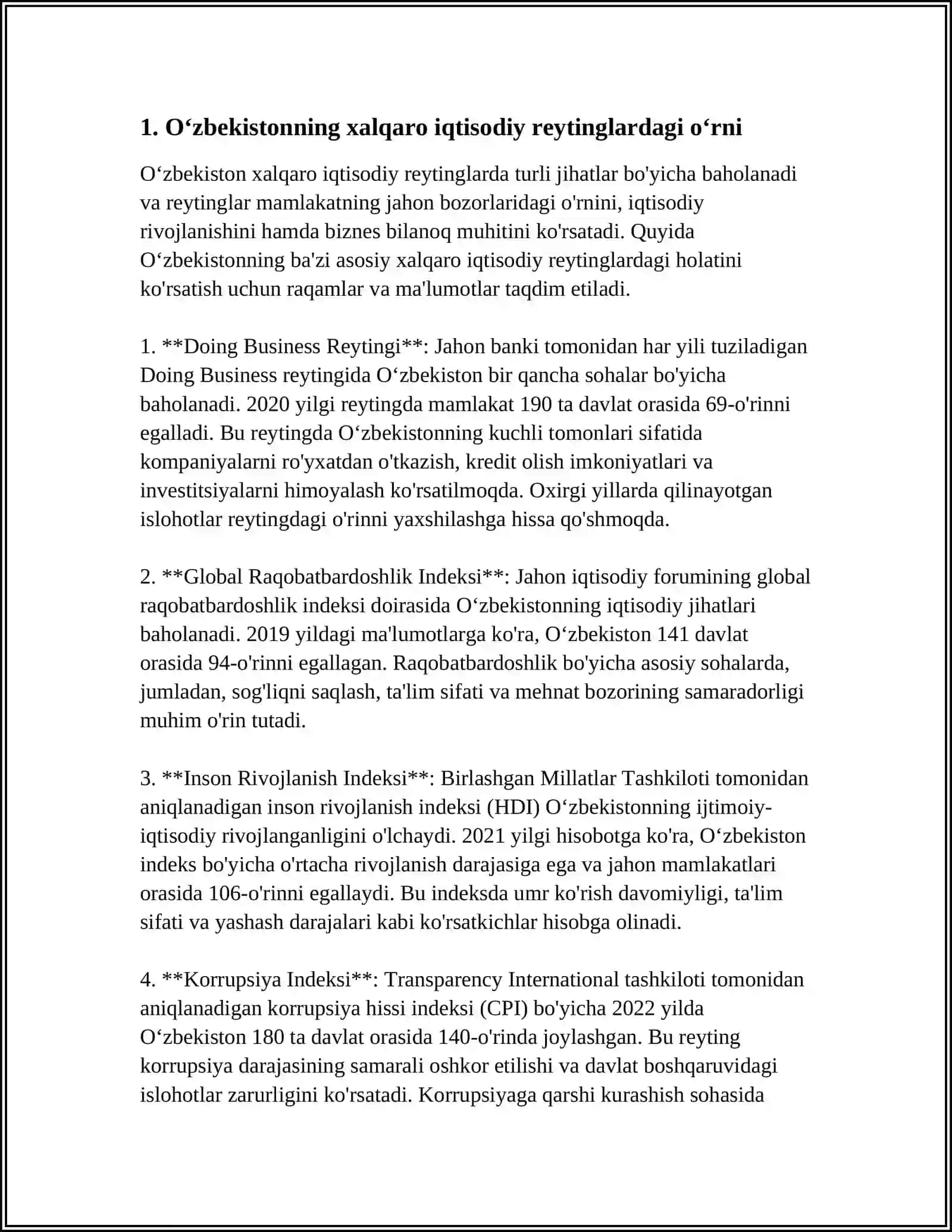 IQTISODIY VA IJTIMOIY SOHADAGI USTUVOR XALQARO REYTINGLAR VA ULARGA OʻZBEKISTONNNING INTEGRALLASHUVI 4