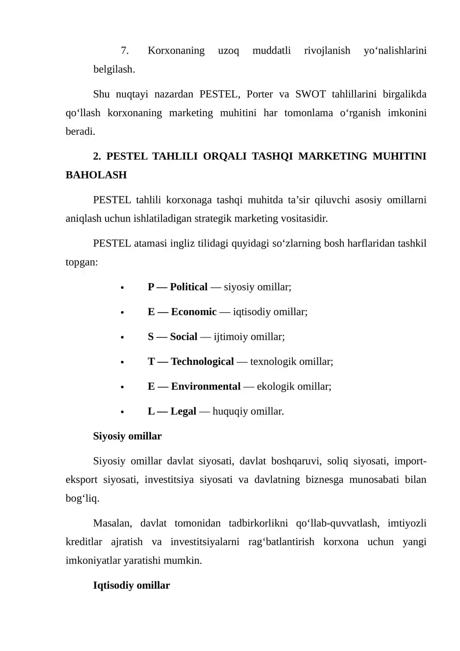 PESTEL, PORTERNING 5 KUCHI VA SWOT TAHLILLARINI KOMPLEKS QO‘LLASH ORQALI KORXONANING STRATEGIK MARKETING MUHITINI BAHOLASH 4