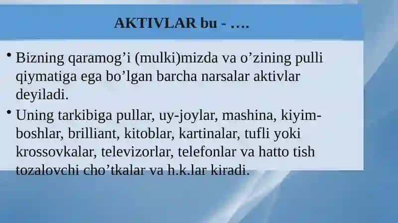 Uybuxgalteriyasi:aktivvapassivlardanfoydalanish,daromadvaxarajatlarnioptimallashtirish 4