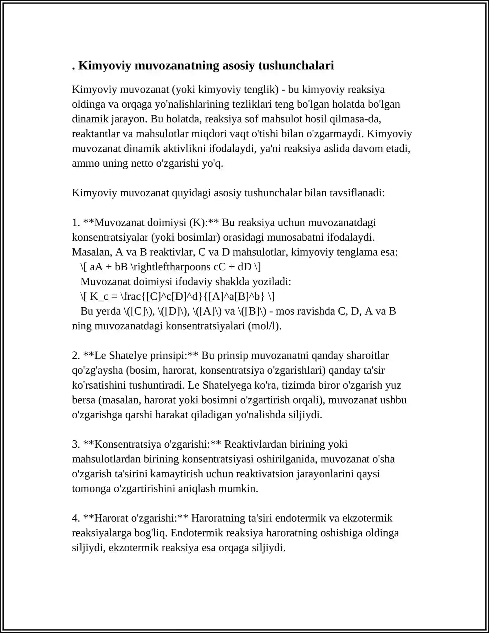 KIMYOVIY MUVOZANAT.MASSALAR TA'SIRI QONUNI VA UNING AMALIY QO'LLANILISHI 4