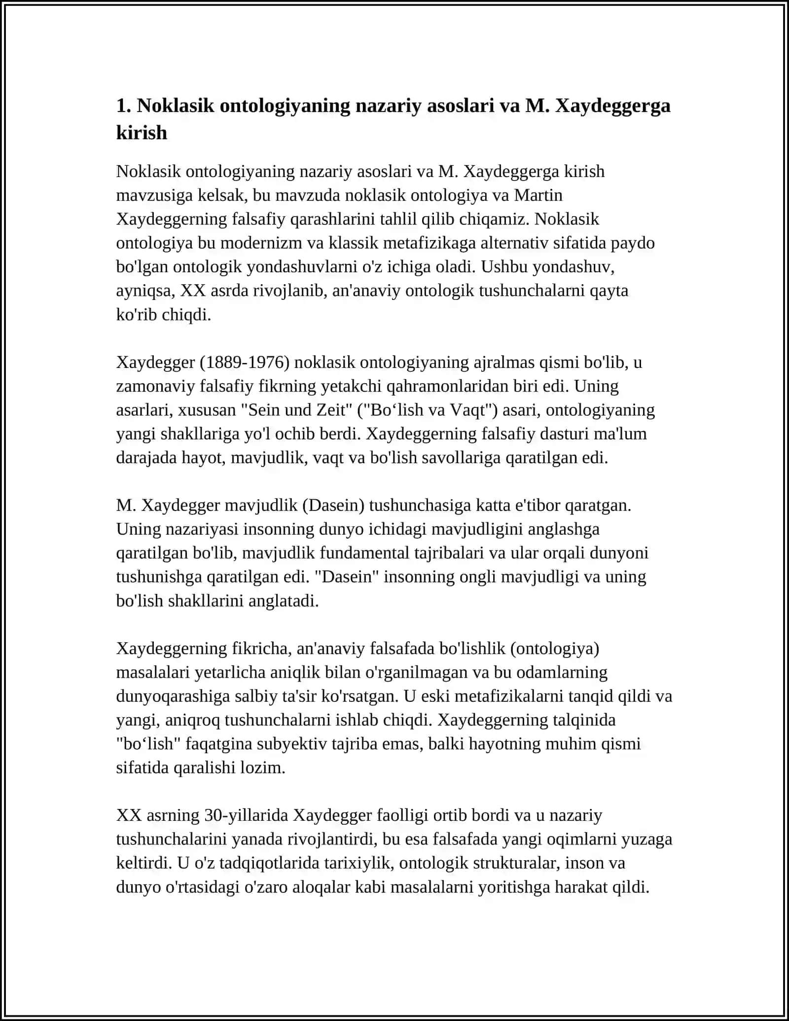 NOKLASIK ONTOLOGIYANING YOʻNALISHLARI VA MOHIYATI BOʻYICHA ESSE (M.XAYDEGGERNING BORLIQ VA VAQT ASARI ASOSIDA) 4