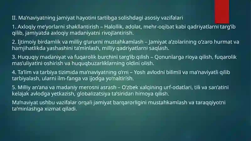 Manaviy jamiyathayotini tartibga solishdagi vazifalari 4