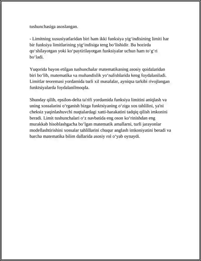 FUNKSIYANING LIMITI TA'RIFLARI. LIMITGA EGA BO'LGAN FUNKSIYALARNING XOSSALARI 4