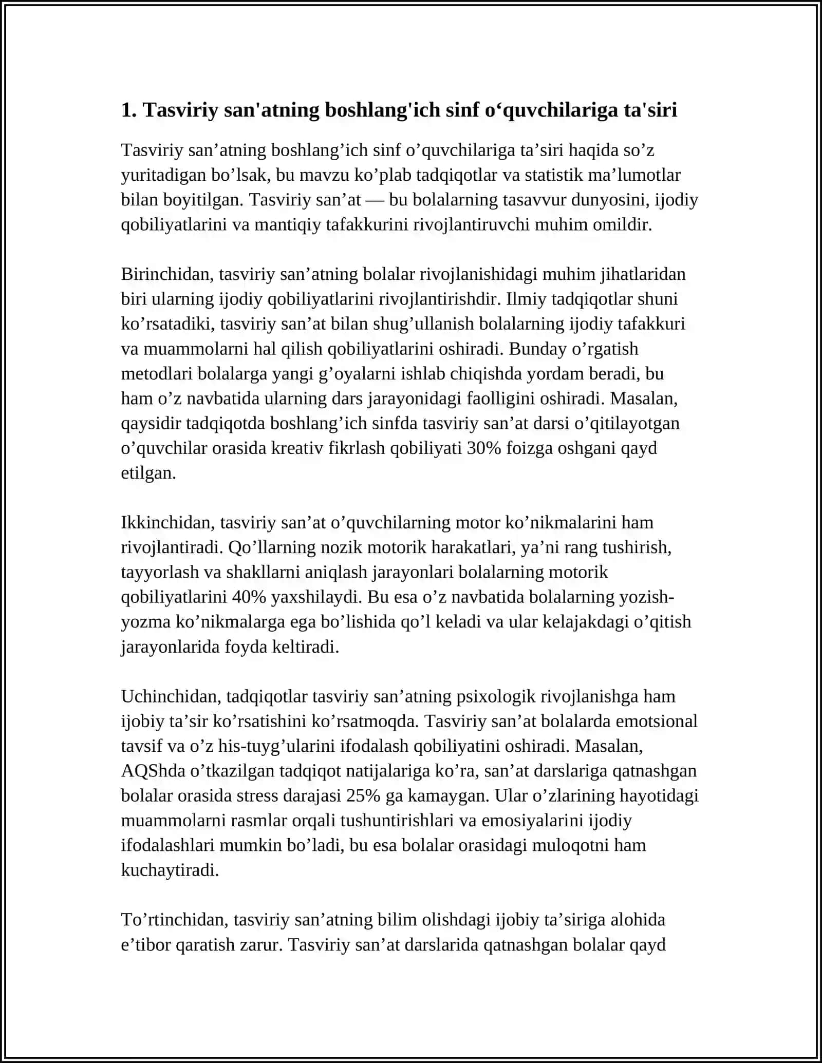 TASVIRIY SAN'AT ART TEXNALOGIYASI BILAN BOSHLANĞICH SINF ÕQUVCHILARINING BADIIY IDROKNI RIVOJLANTIRISH 4