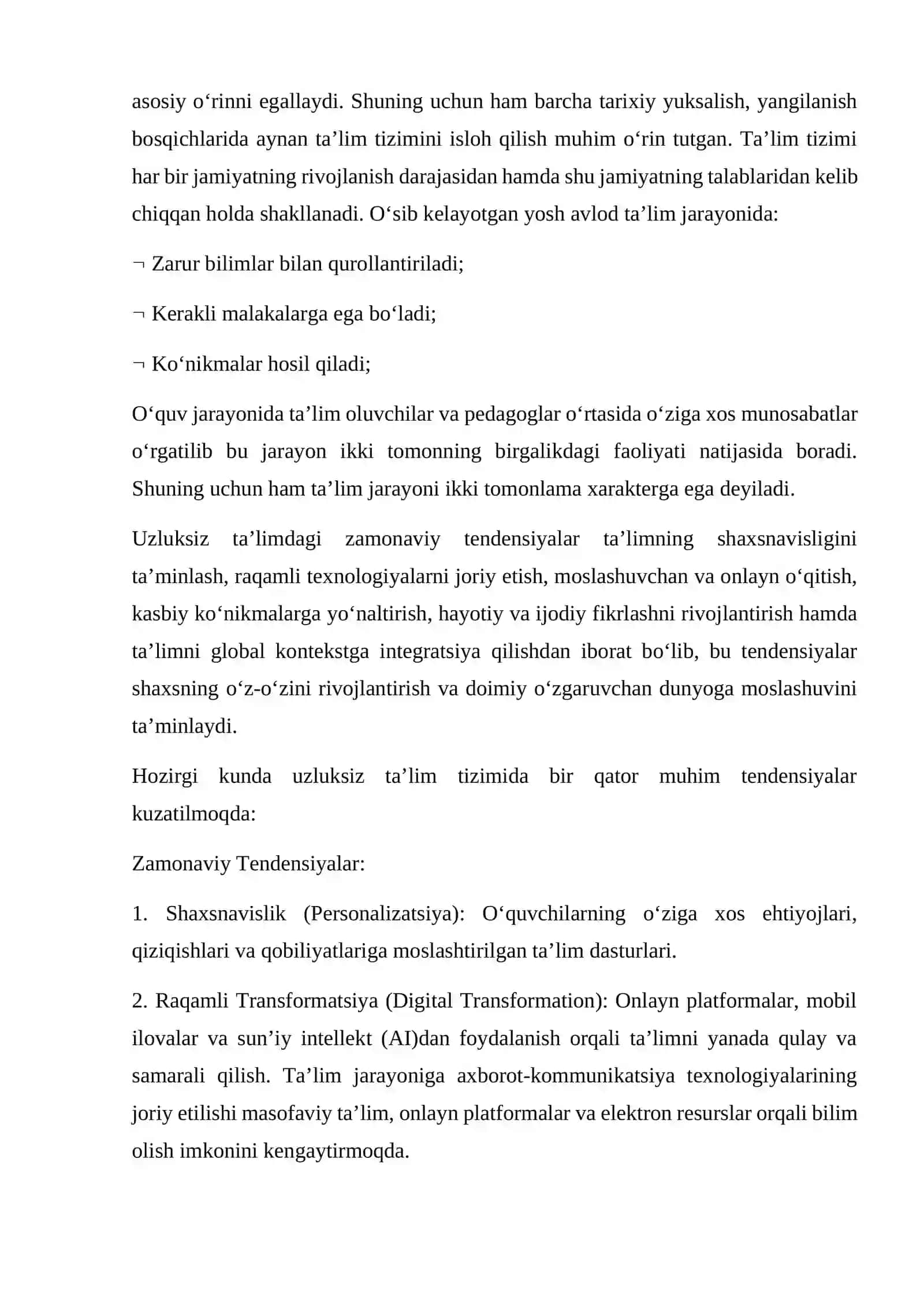 Uzliksiz ta’limdagi tendensiyalarning ta’lim turlariga mos bo’lishi metodikasini o’zlashtirish 4