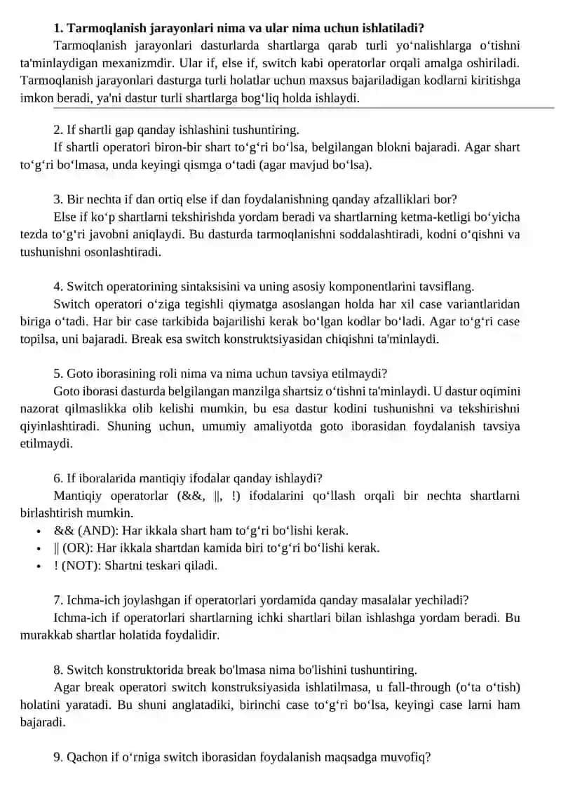 Dasturlash I fanidan yakuniy nazoratning nazariy savollari 4