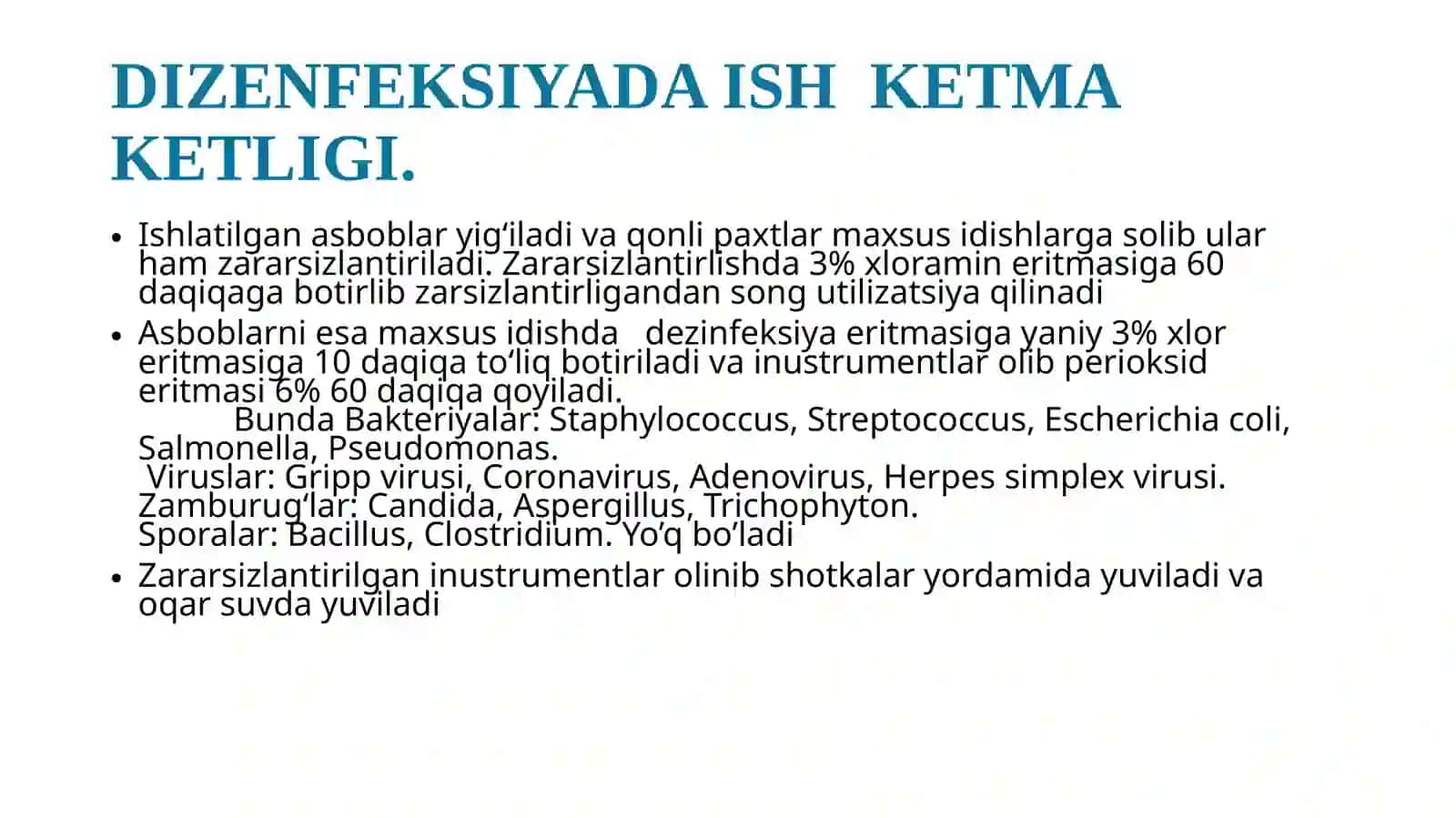 Stomatologiya boʻlimida dizenfeksiya qilish va sterilizatsiya qilish haqida. 4