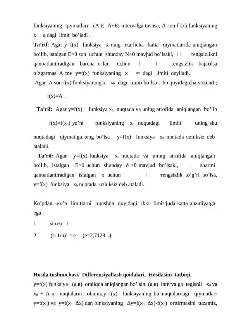 Differensial va integral hisob   Funksiya va berilisn usullari . Funksiya  limiti .Hosila tushunchasi va hosilani  hisoblash .. 4