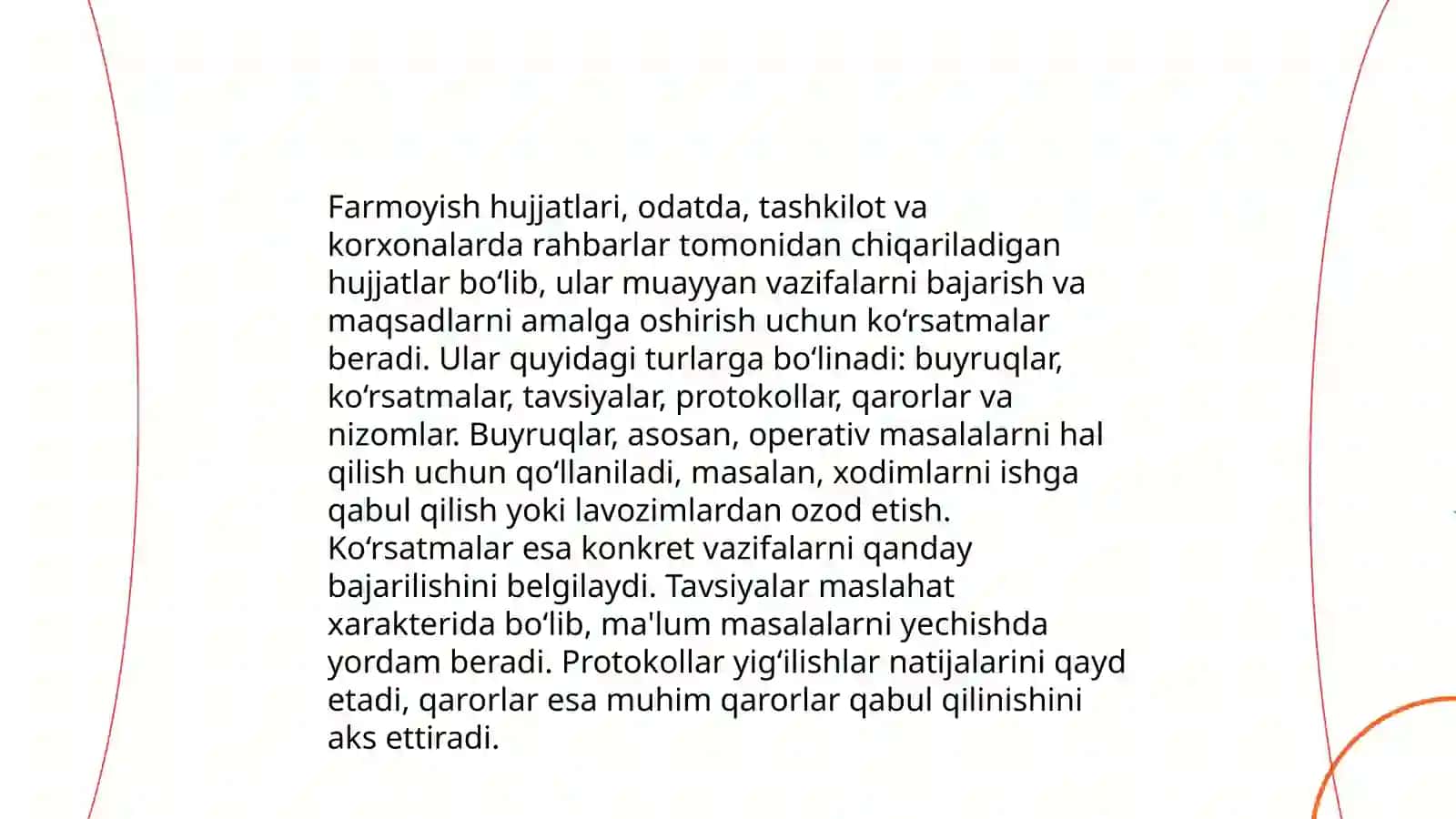 Farmoyish hujjatlari va ularning turlari. Ma'lumot-axborot hujjatlari 4