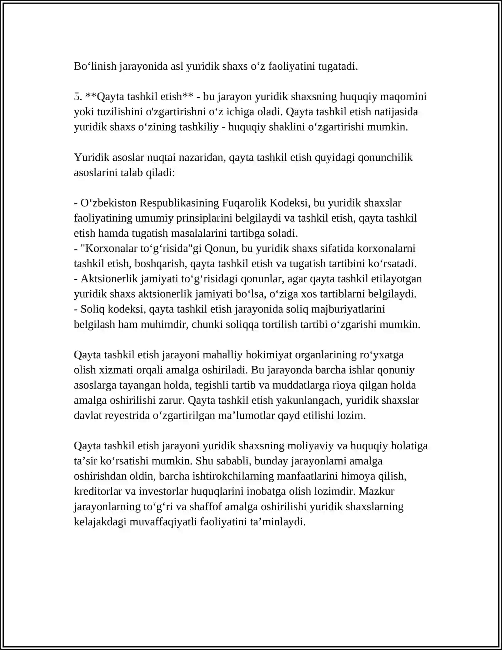 Biznes Huquqi Subyektlarini Qayta Tashkil Etish va Tugatish Tartibi 4