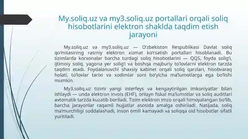 Stat.uz, my3.soliq.uz, my.soliq.uz, my.mehnat.uz, didox.uz, soliqservis.uz saytlarida korxona ma'lumotlari va hisobotlarini shakllantirish hamda tashkilotlarning buxgalteriya tizimi 4
