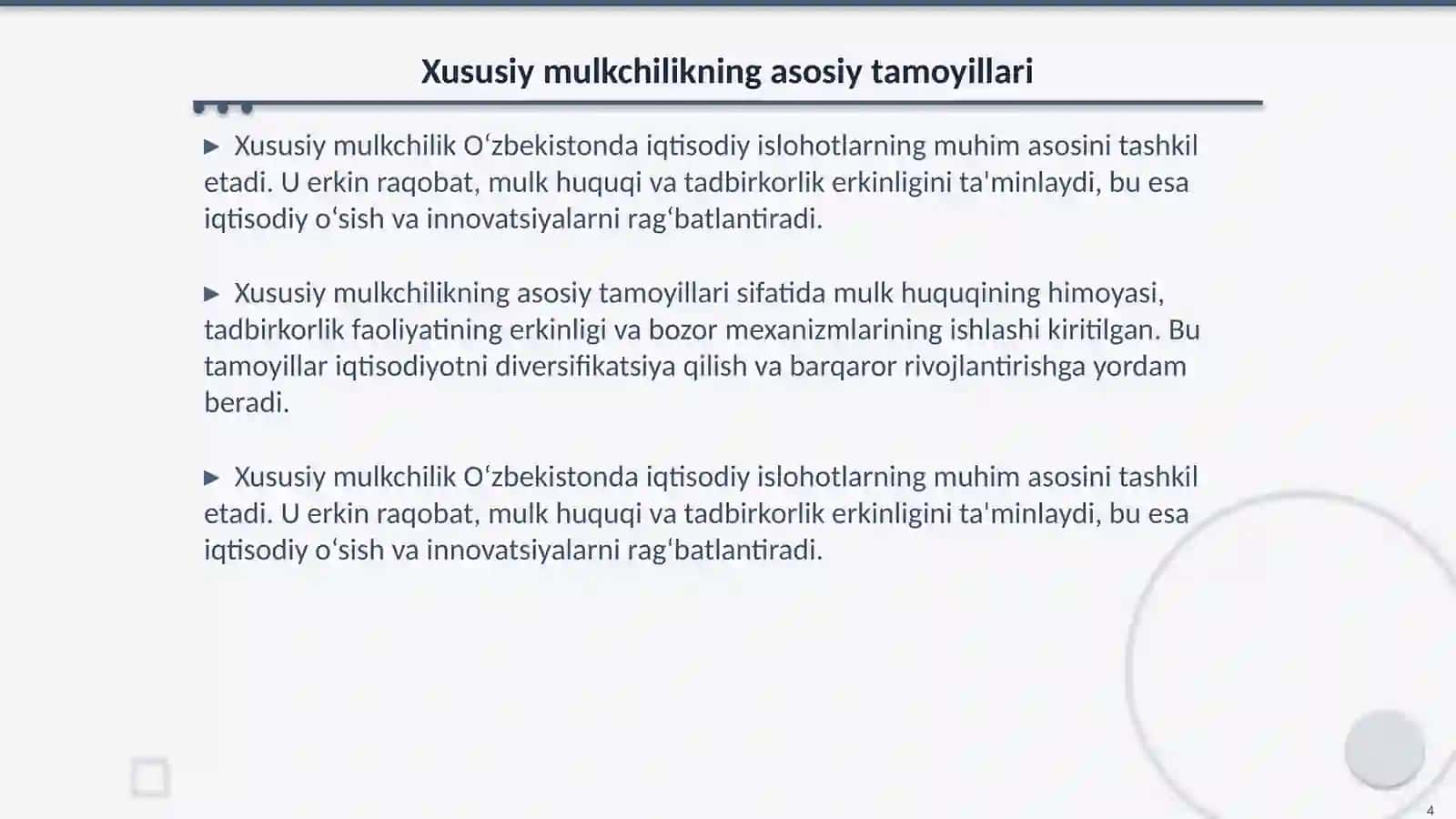 Iqtisodiy islohotlar. Xususiy mulkchilikning shakllanishi 4