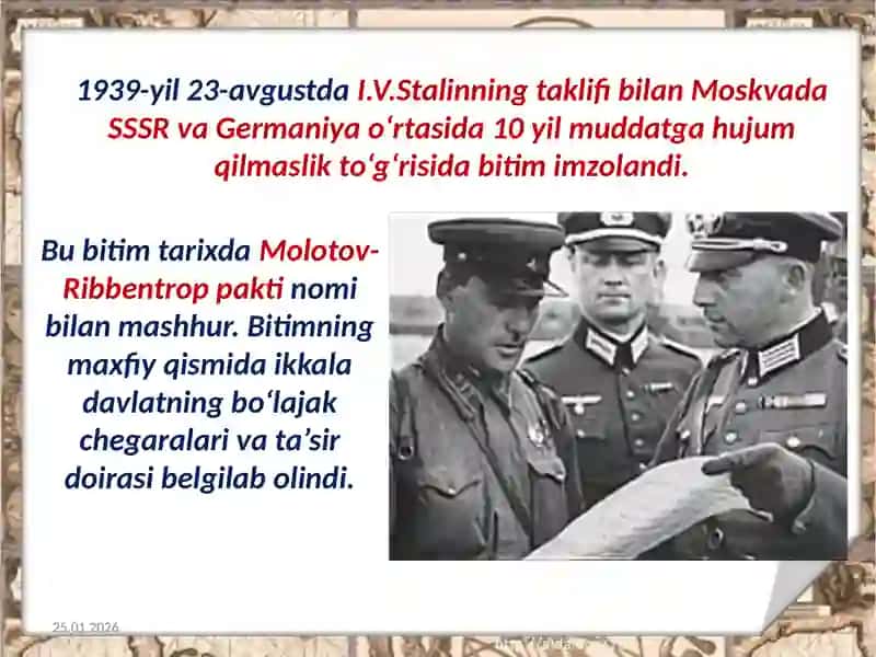 Ikkinchi jahon urushining boshlanishi hamda O‘zbekistonning urush girdobiga tortilishi 4
