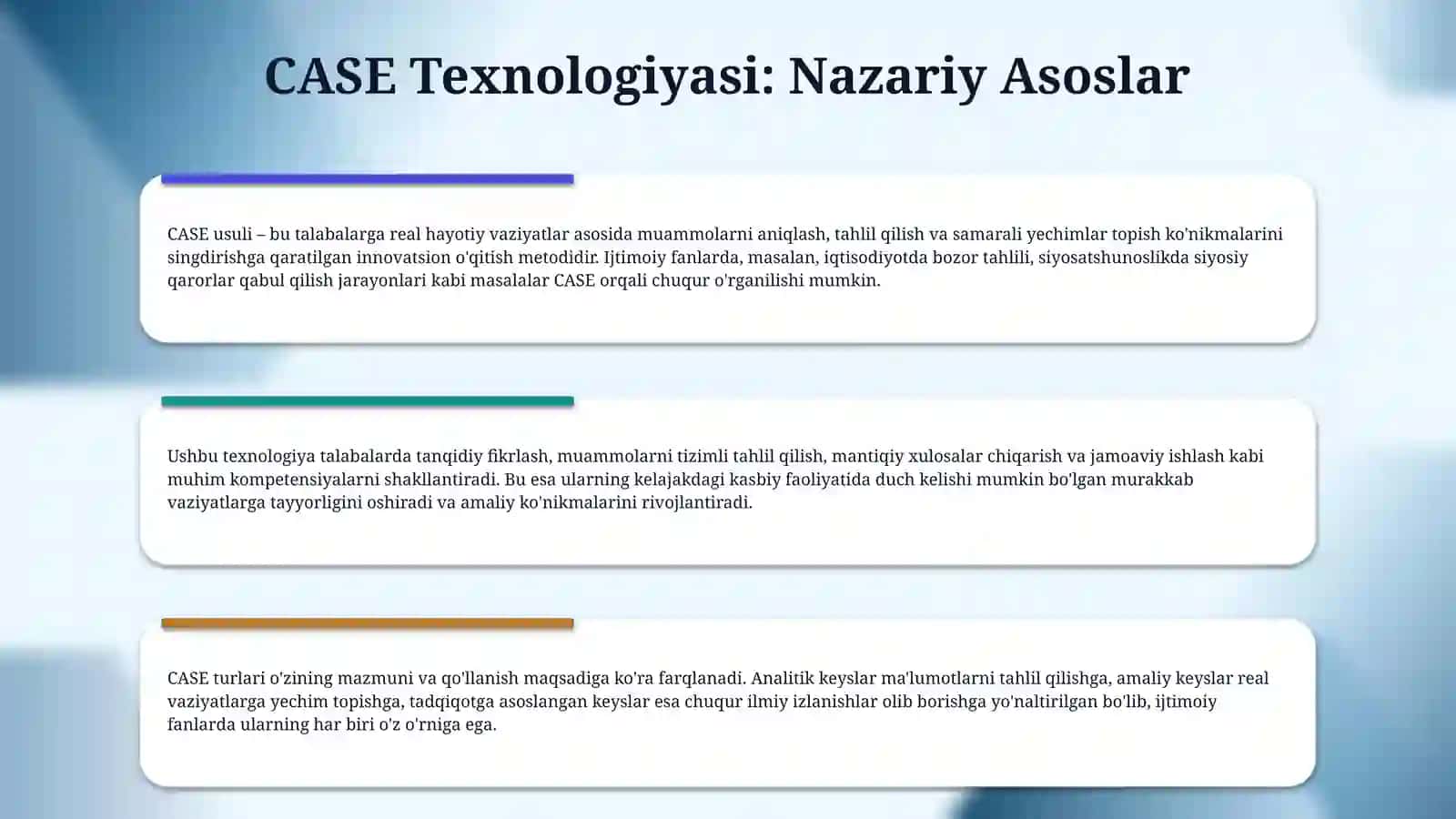 “Ijtimoiy  fanlarni  oqitishda “CASE”, “Why” kabi texnologiyalarni qollash.” 4