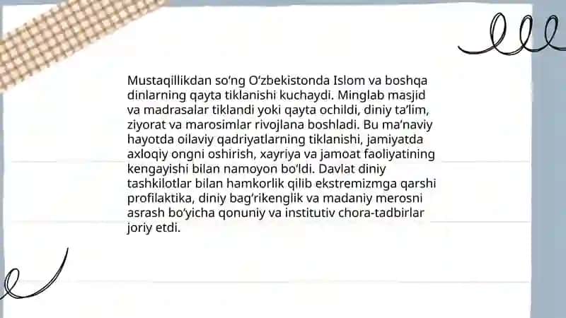 Mustaqillik Yillarida Oʻzbekistondagi Manaviy va Madaniy Taraqqiyoti 4
