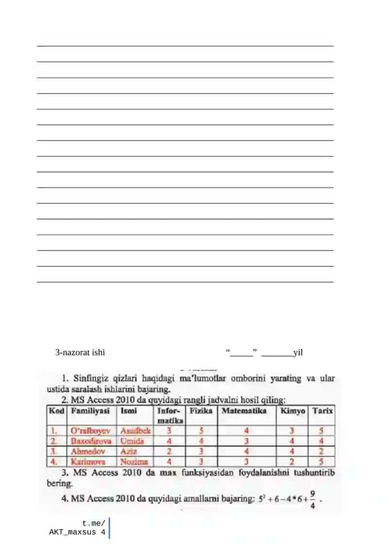 INFORMATIKA FANDAN NAZORAT ISHLARI DAFTARI 4