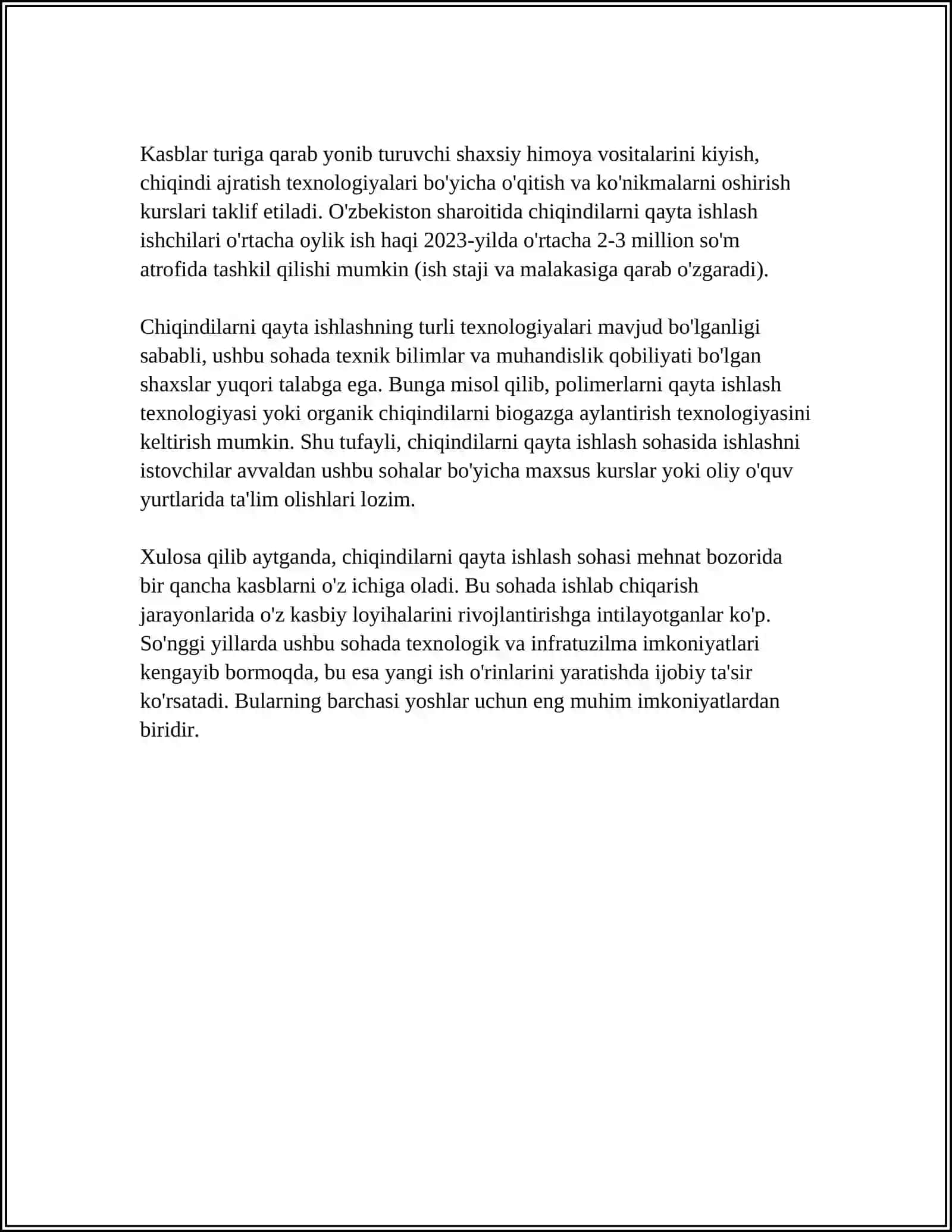 TEXNOLOGIYA DARSLARIDA ZAMONAVIY MEHNAT BOZORIGA CHIQINDILARDAN QAYTA ISHLASH TEXNOLOGIYASI 4