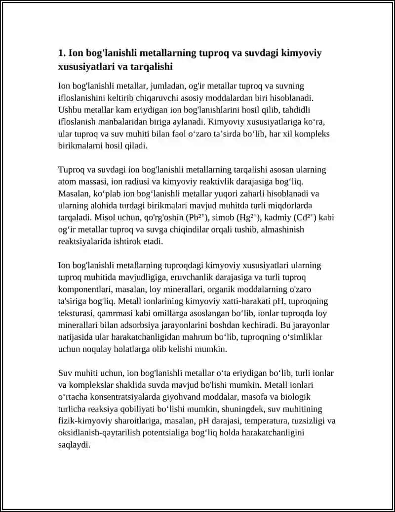 TUPROQ VA SUVNING IFLOSLANISHIDA ION BOĞLANISHLI BIRIKMALARNI ANIQLAB ULARDAN TOZALASH USULINI ISHLAB CHIQISH 4