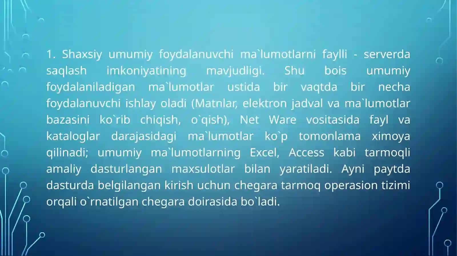 Lakal, shaxar va global tarmoqlar va ularning qurulishi usullari, tarmoqlarda qollaniladigan simli va simsiz texnologiyalar va protokollar 4