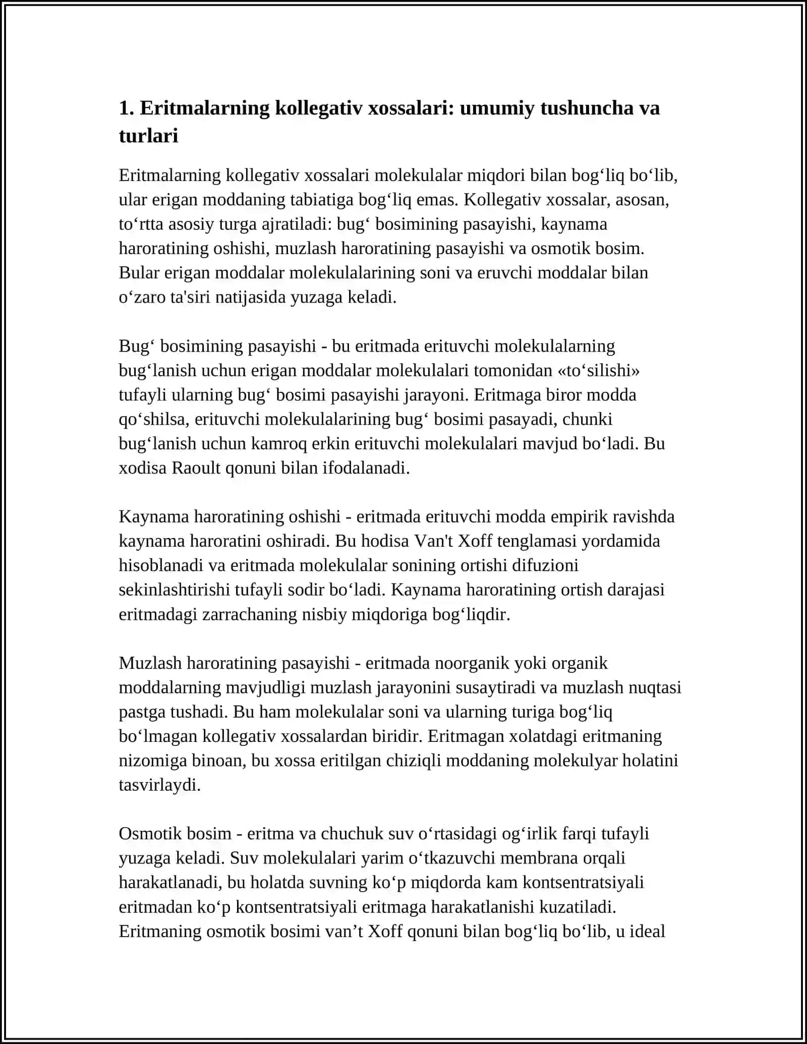 ERITMALARNING KOLLEGATIV XOSSALARI.BIOLOGIK ERITMALARNING OSMOTIK VA ONKOTIK BOSIMLARI 4