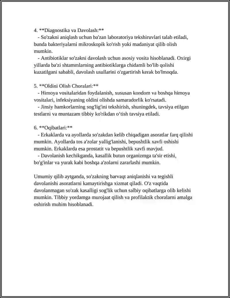SO'ZAK KASALLIGINING KELIB CHIQISH SABABLARI, QO'ZG'ATUVCHISI, TURLAR, KILINIK BELGILARI,TASHHISOTIDA IKKI STAKANLI SINAMA O'TKAZISH VA ASORATLARI. 4