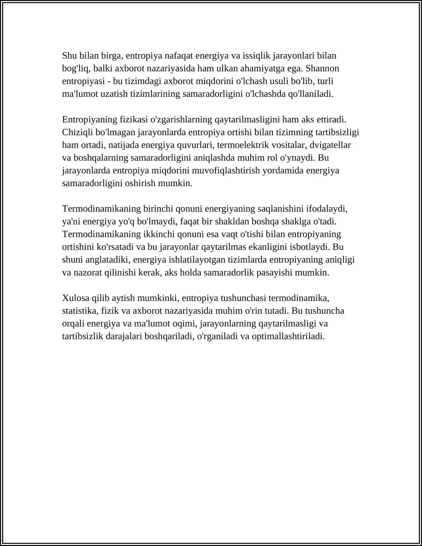 OCHIQ TIZIMLARDA ENTROPIYANING LOKAL KAMAYISHI.DISSIPATIV STRUKTURALAR 4