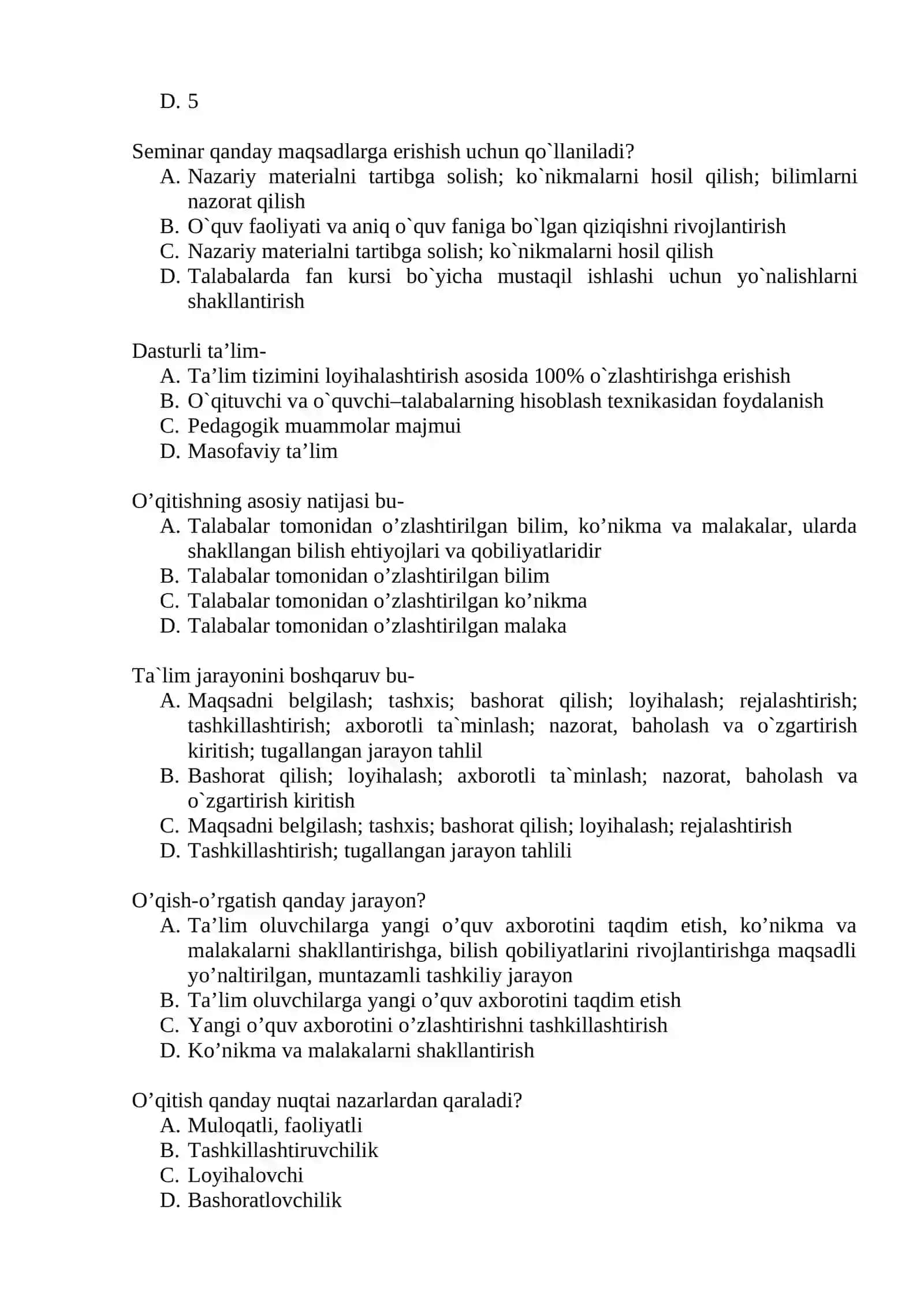 Ta'lim nazariyasi va metodologiyasi asoslari testlar 4
