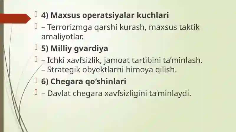 O`zbekiston Respublikasi mudofaa qobilyati. O`zbekistonda madaniy obektlar va ularning faoliyati tasnifi. O`zbekistonda ijtimoiy-iqtisodiy sohalarni innovatsion rivojlantirish va raqamlashtirish odimlari. O`zbekistonda ijtimoiy sohada amalga oshirilayotgan o`zgarishlar. 4