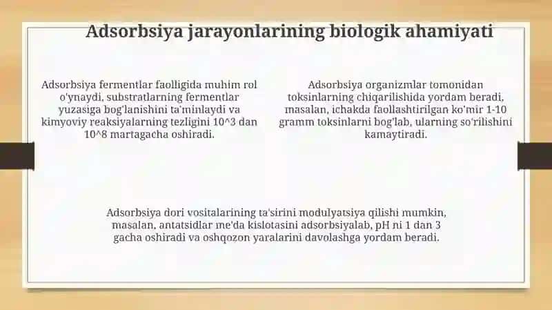 Organizmning hayot faoliyatida adsorbsiya jarayonining ahamiyati 4
