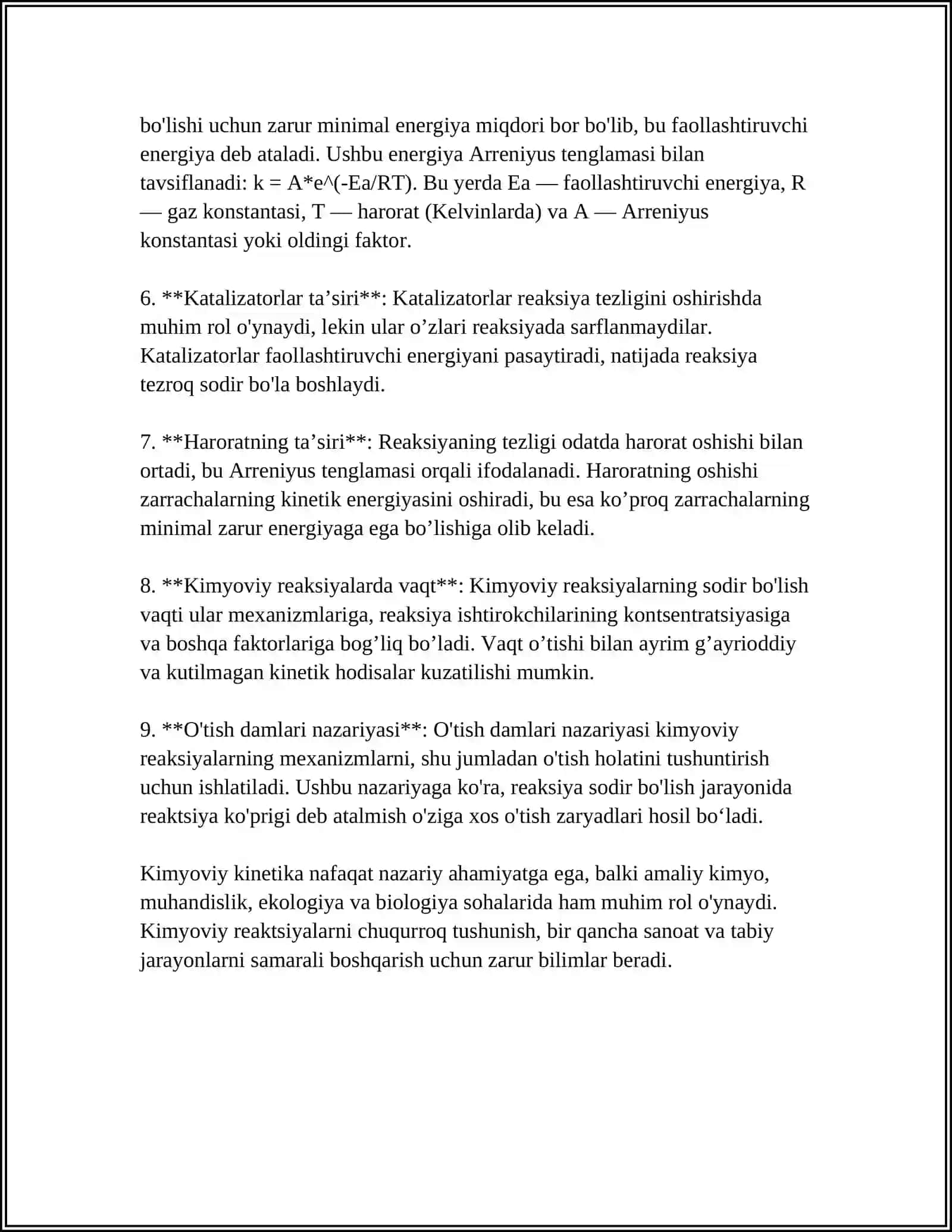 MUAMMOLI VAZIYATLARDA TAHLIL QILISH BO'YICHA KEYS:KIMYOVIY KINETIKANING KIMYOVIY TEXNOLOGIYADAGI AHAMIYATI 4