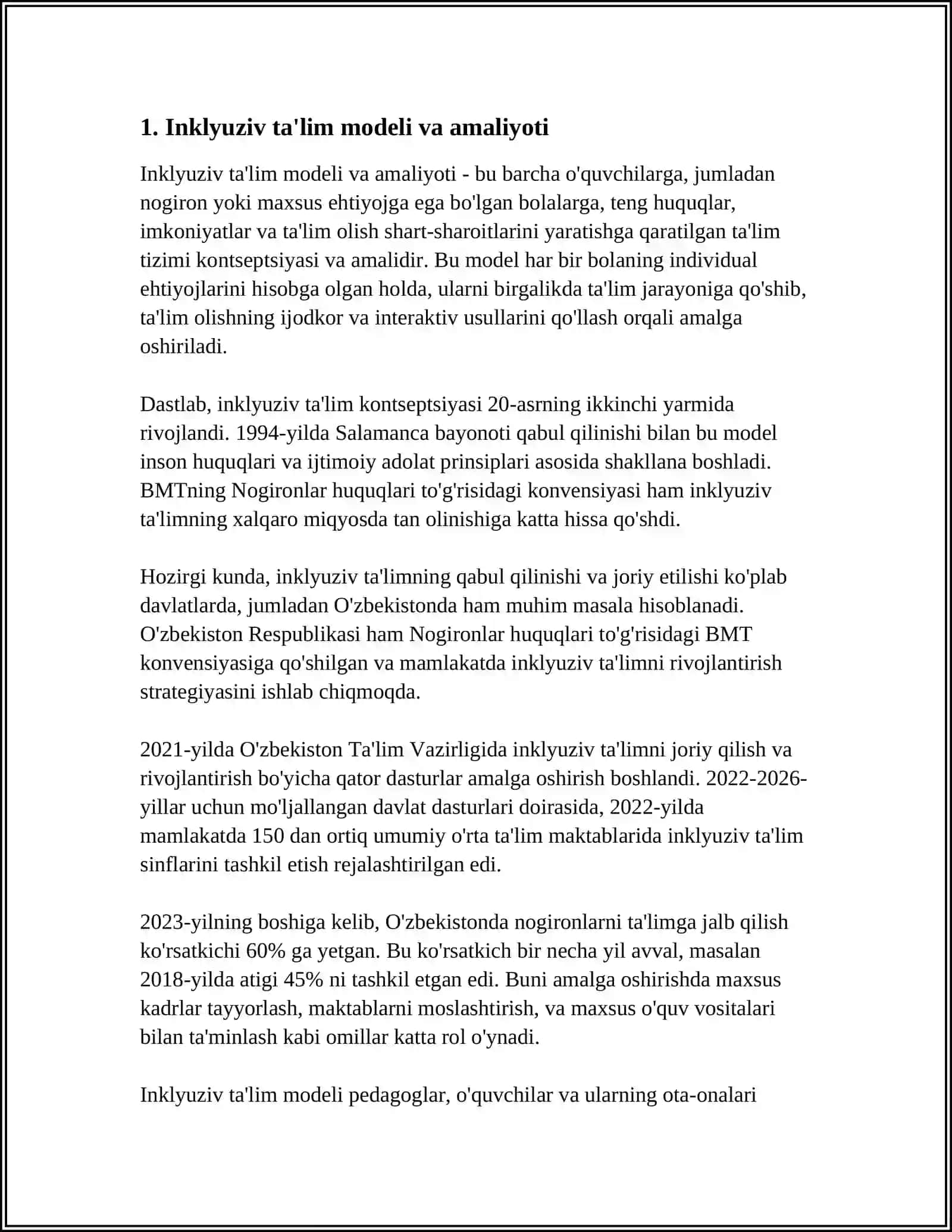 INKLYUZIV, UY TA’LIMI VA “MEHRLI MAKTAB”LARDA PEDAGOGIK JARAYONINI TASHKIL ETISH YO‘LLARI VA VOSITALARI 4
