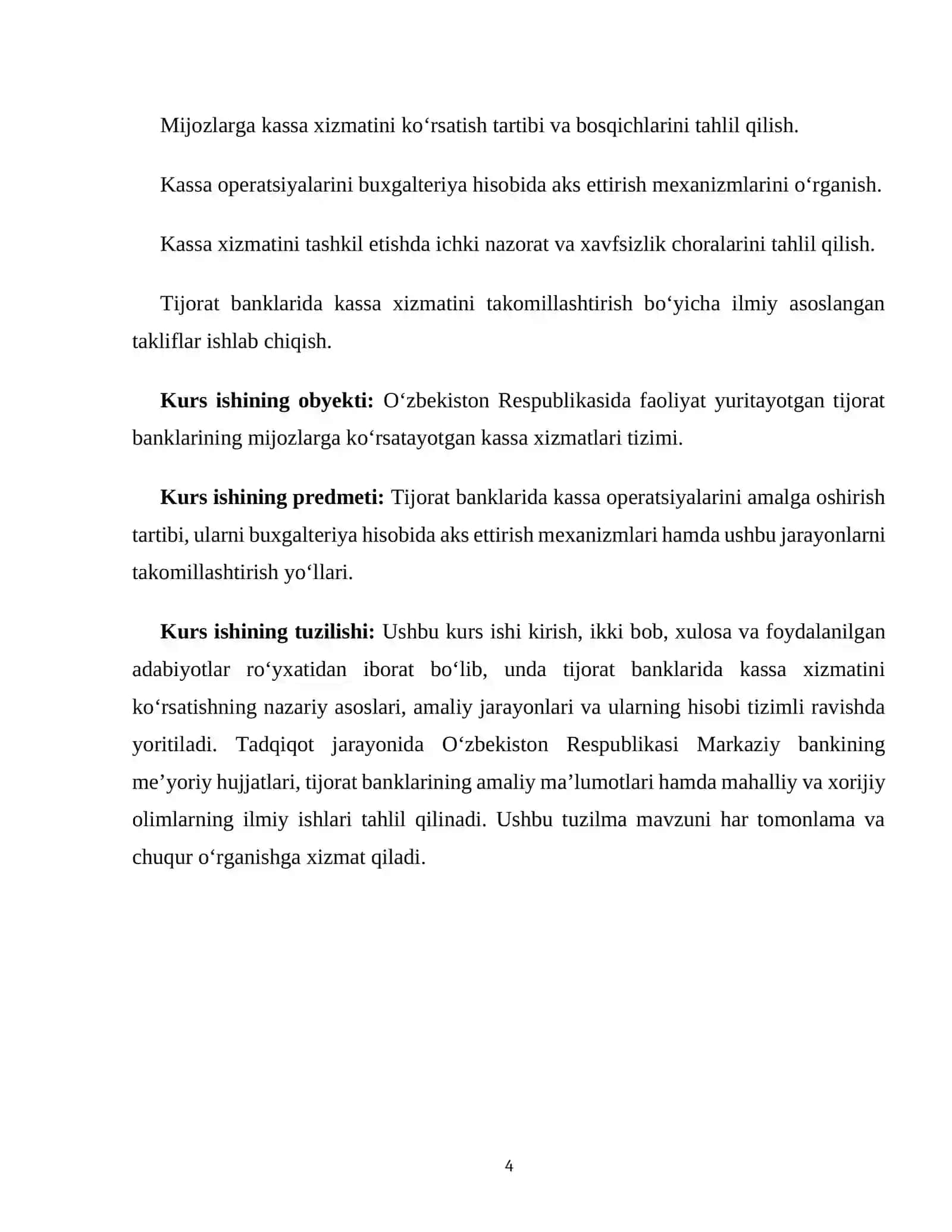 Tijorat bankining mijozlarga kassa xizmatini ko'rsatish tartibi va ularning hisobi 4