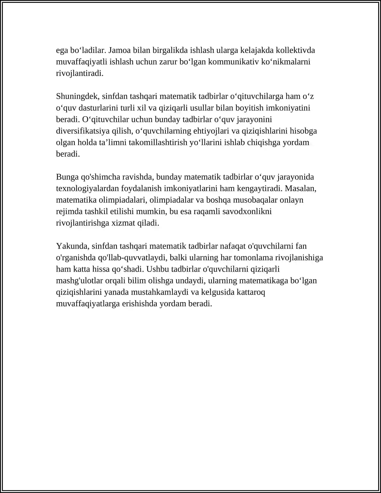 BOSHLANGʻICH SINFLARDA MATEMATIKA SINFDAN TASHQARIDA ISHLARINI TASHKIL ETISH MAQSAD VA VAZIFA 4
