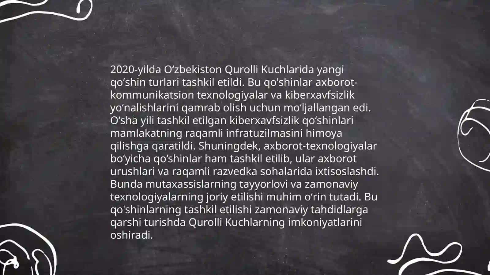 Oʻzbekiston respublikasida va yangi qoʻshin turlarining tashkil etilishi Oʻzbekiston Respublikasi mudofaa doktirasining qabul qilinishi 4