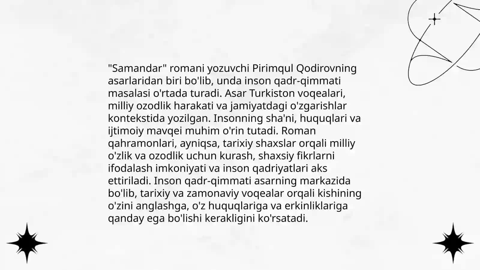 Muvozanat Sabo va Samandar romanlar bo'yicha test munozarali savollar topshiriqlar 4