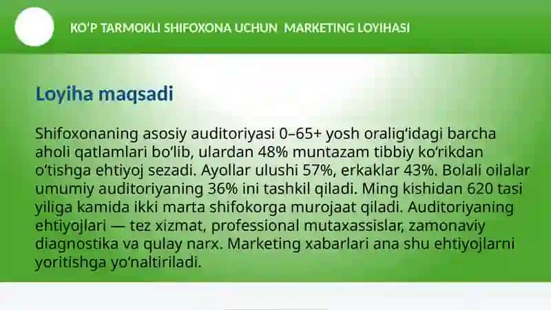 KO‘P TARMOKLI SHIFOXONA UCHUN MARKETING LOYIHASI 4