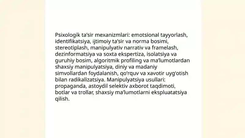 Shaxsga yoʻnaltirilgan axborot psixologik diniy va madaniyat tahdidlari 4