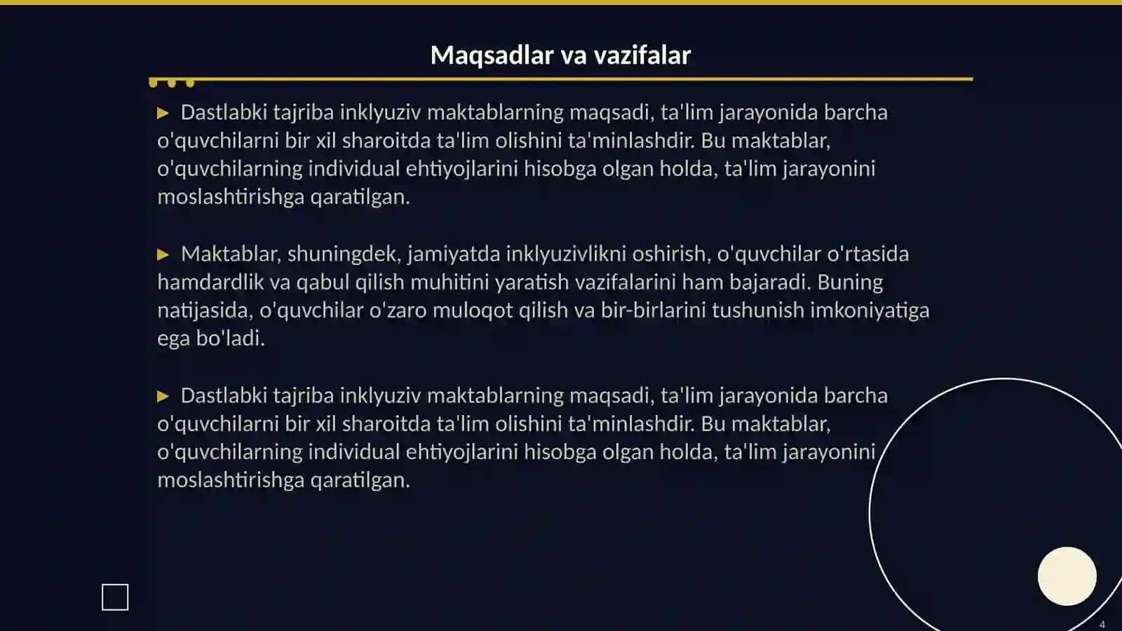 Dastlabki tajriba inklyuziv makablarni tashkil etilishi 4